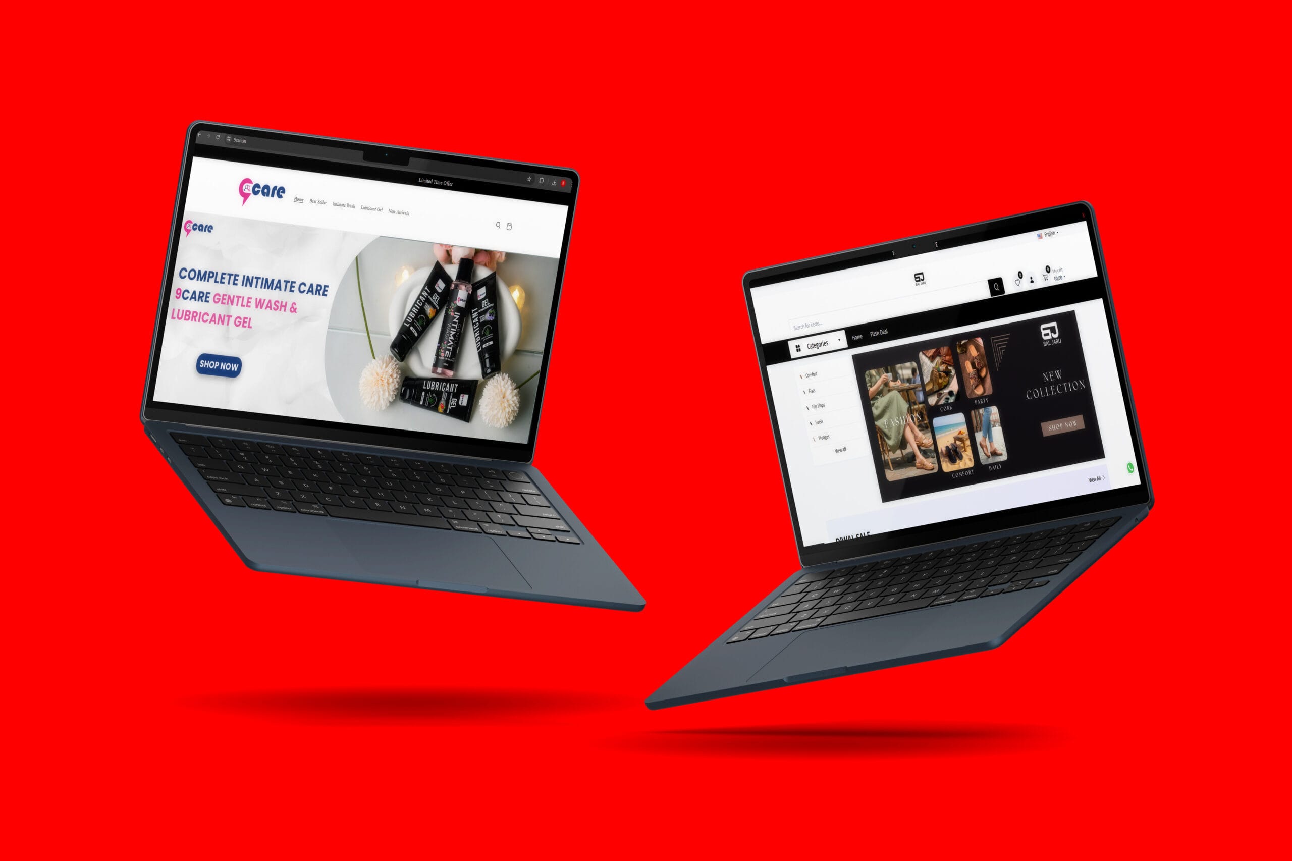Two laptops displaying e-commerce store interfaces on a red background, showcasing the Ecommerce service.