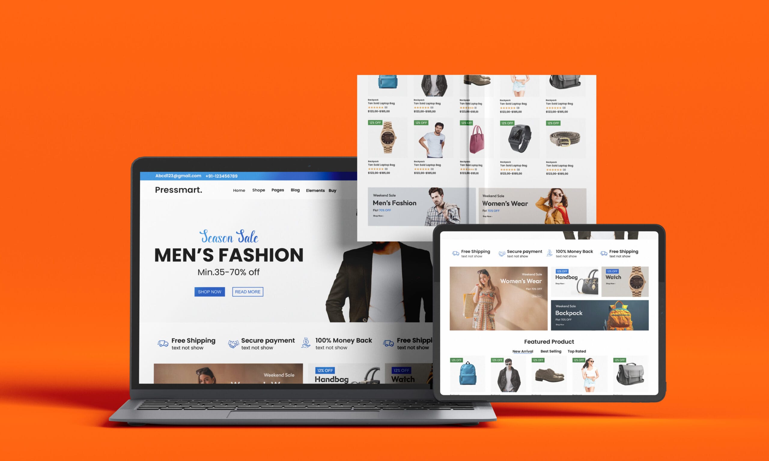Laptop and mobile screens displaying e-commerce website mockups in the background for the service title: Website Design & Development.