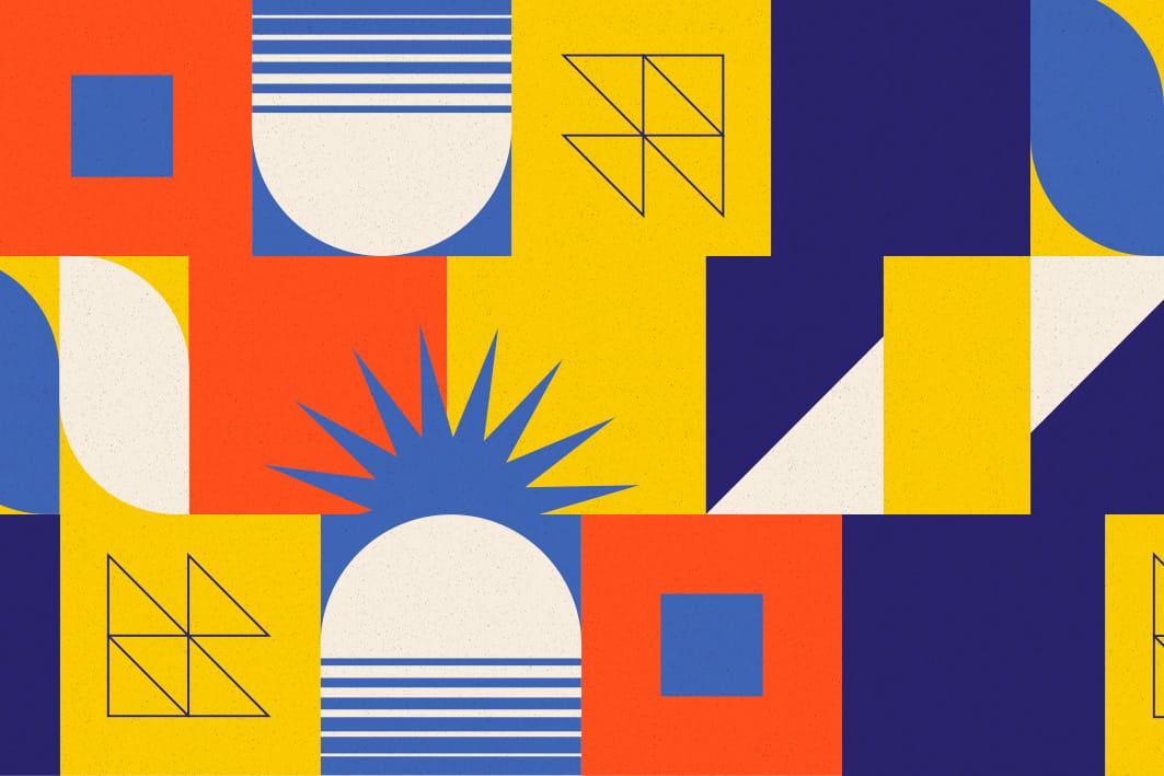 Abstract geometric background in mustard, deep red, and dark blue with the title "Brand & identity design" and a "Read More" button placeholder.