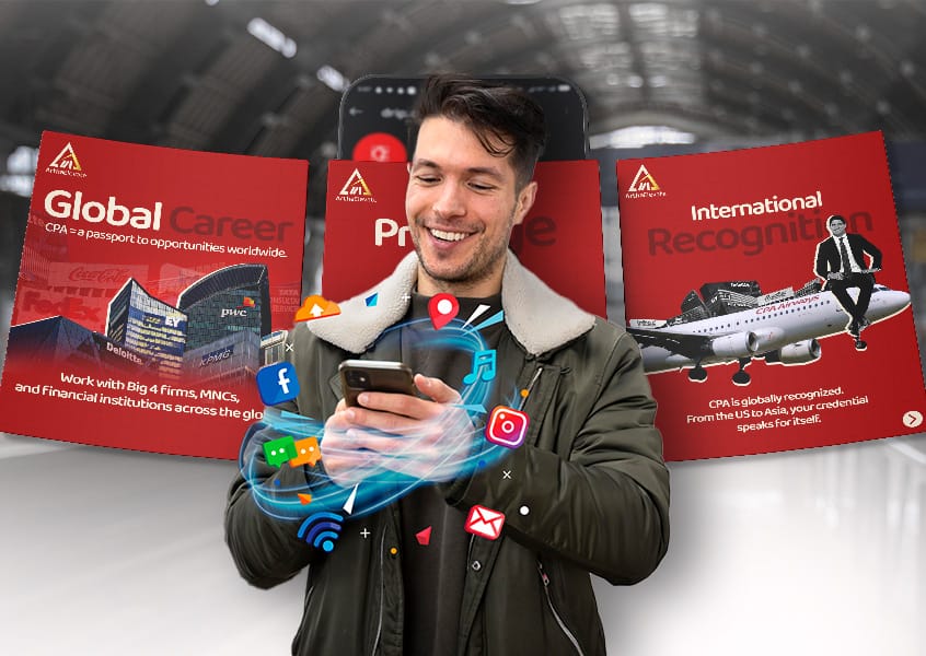 Man smiling while using a smartphone, surrounded by glowing social media icons (Instagram, location pin, etc.) overlaying large red graphics, illustrating the Social Media Management service.