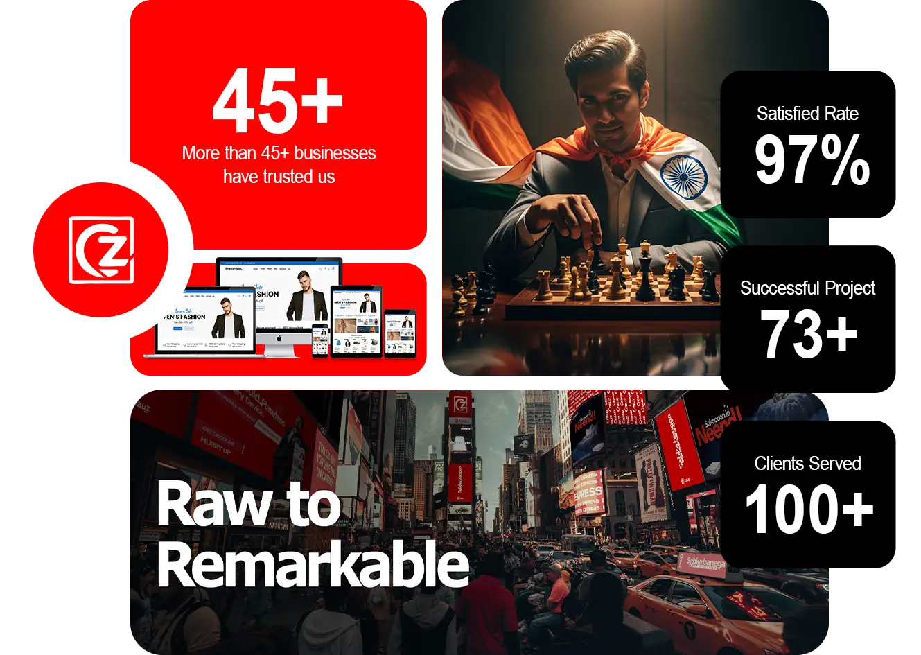 Infographic banner for Crauz India digital agency showing key statistics: 45+ businesses trusted us, 73+ successful projects, 100+ clients served, and 97% satisfied rate, alongside imagery of branding, design, and digital strategy.